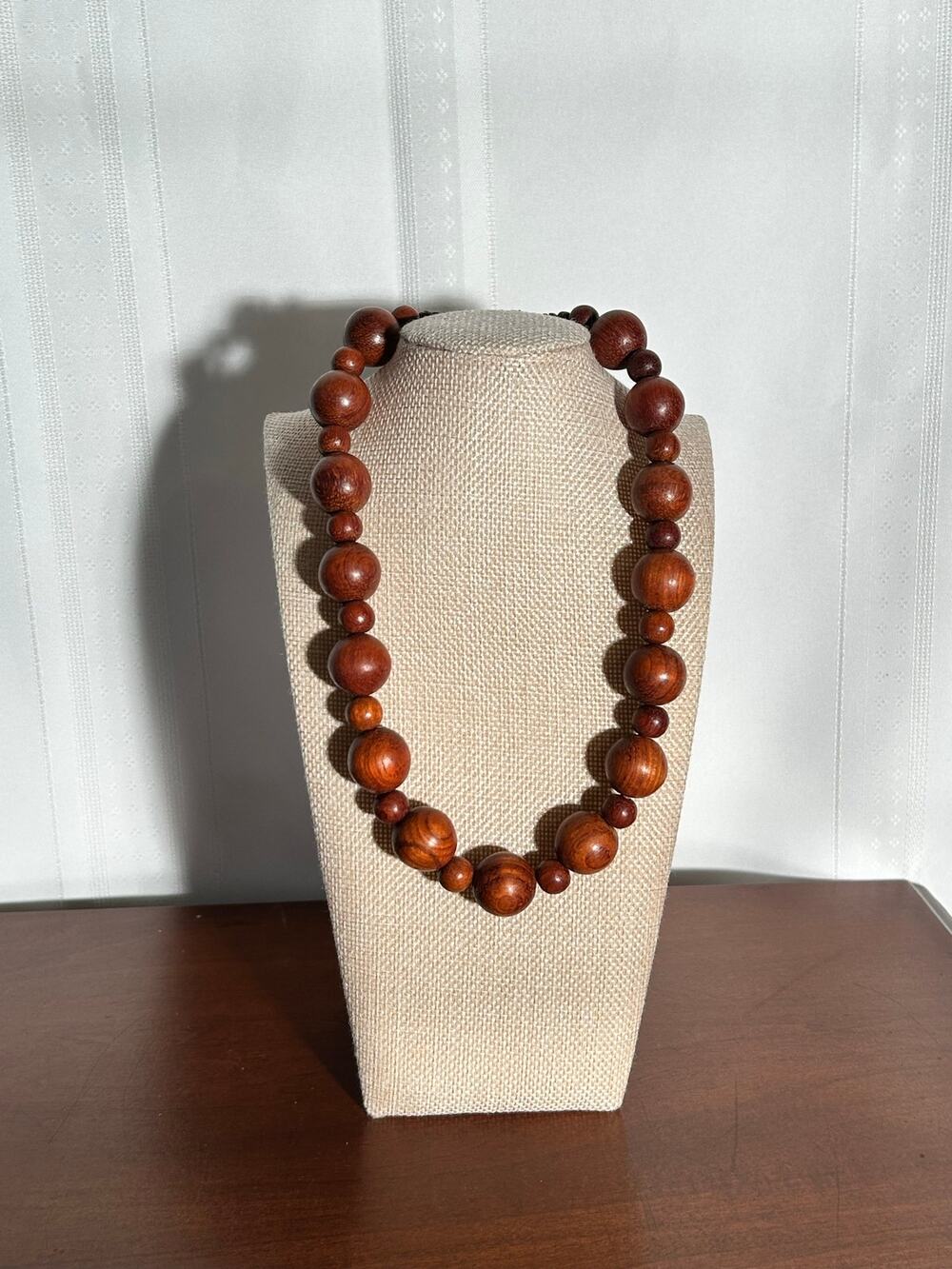 Vintage Wooden Round Bead Necklace 17 Inch Adjustable Boho Natural Wood